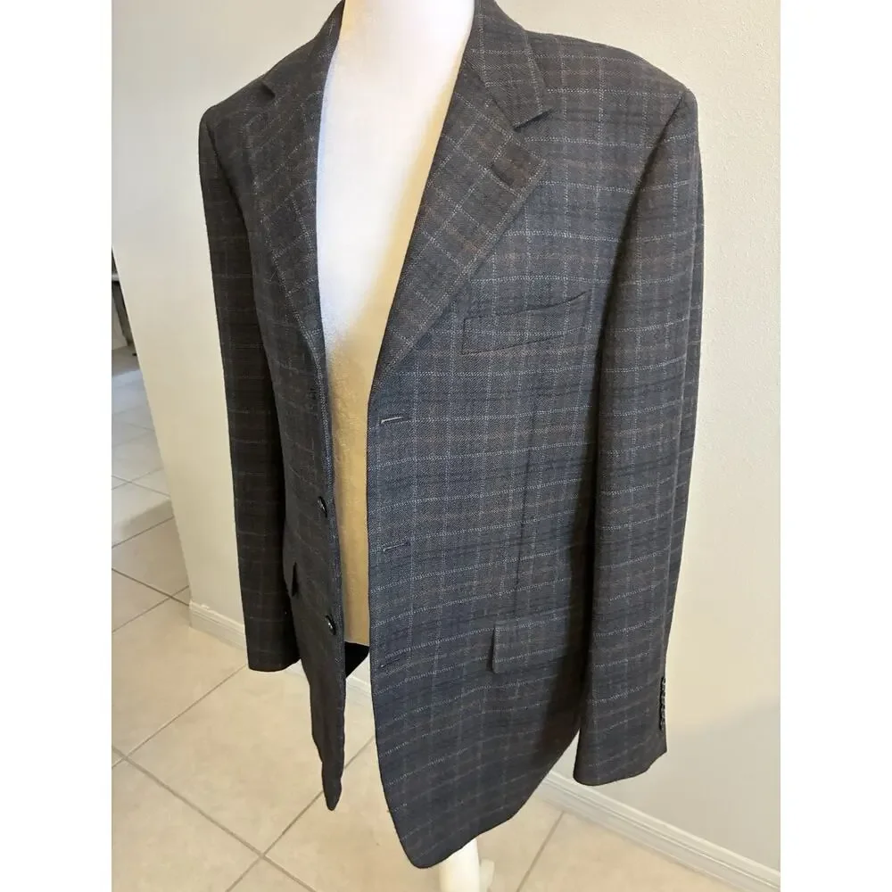 CANALI Gray Plaid Box Check 100% Wool Blazer Sport Coat Jacket US 38R S MINT
